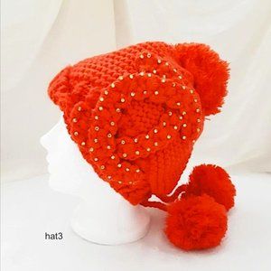 Hand Knitted Warm Beanie Hat Orange Red Wool Blend Gold Rhinestone 2C Design